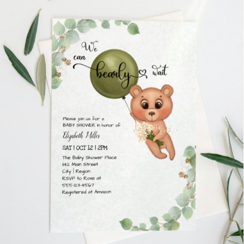 We Can Bearly Barely Wait Teddy Bear Baby Shower Invitation