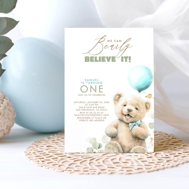 We Can Bearly Believe It - Teddy Bear 1st Birthday Invitation (We Can Bearly Believe It - First Birthday Invitations)