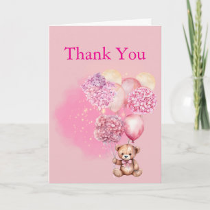We Can Bearly Pink Balloon Hydrangea Letterpress Thank You Card