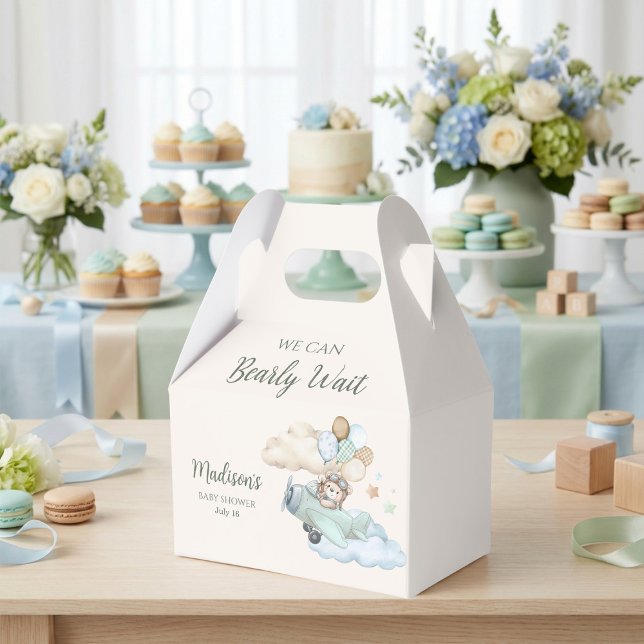 We Can Bearly Teddy Bear Airplane Baby Shower Favor Boxes (Aviator Teddy Bear Baby Shower Gable Box. Blue Boy Airplane. We Can Bearly Wait.)