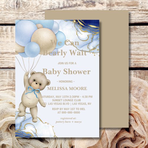 We can bearly wait abstract blue gold invitation