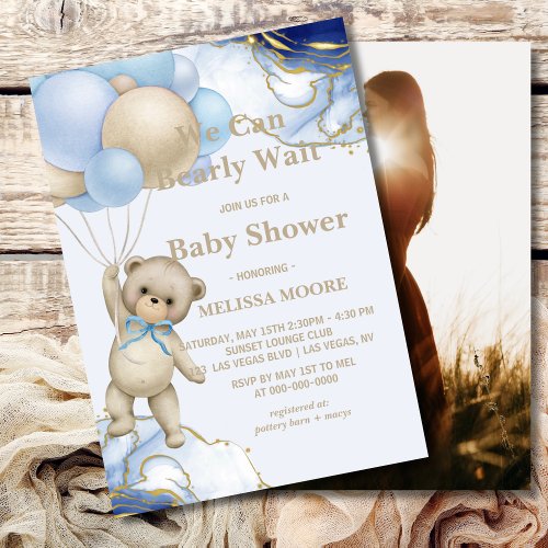 We can bearly wait abstract blue gold photo invitation