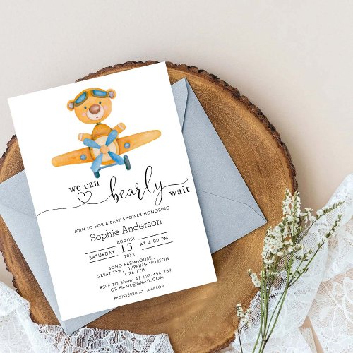 We Can Bearly Wait Airplane Bear Boy Baby Shower Invitation