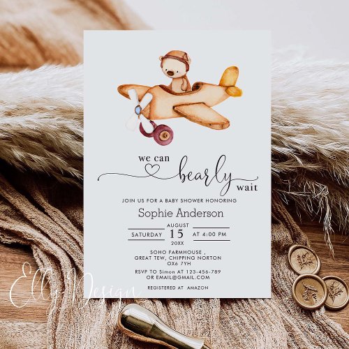 We Can Bearly Wait Airplane Teddy Bear Baby Shower Invitation