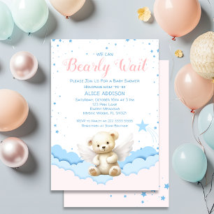 We Can Bearly Wait Angel Teddy Bear Pastel Invitation