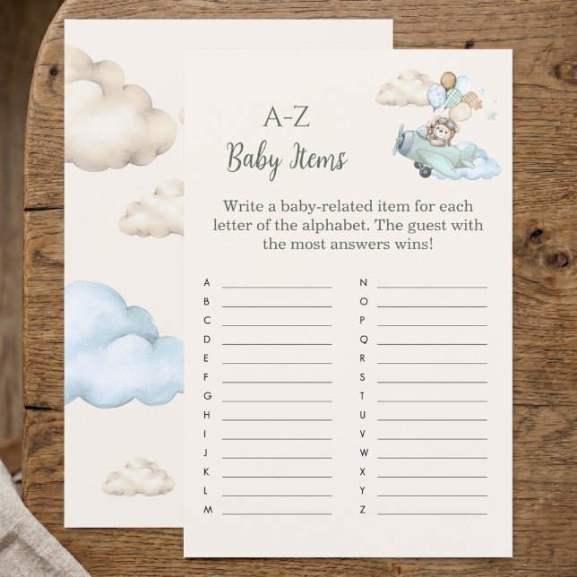 We Can Bearly Wait AZ Alphabet Baby Shower Game (A to Z Baby Items Game Bearly Wait Airplane Boy)