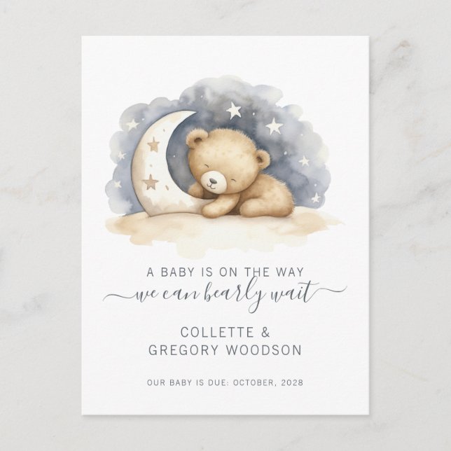 We Can Bearly Wait Baby Bear Moon Pregnancy  Announcement Postcard (Front)
