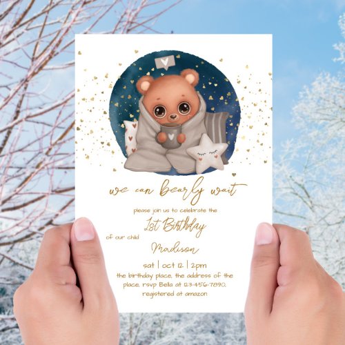 We Can Bearly Wait Baby Boy First Birthday Party Invitation