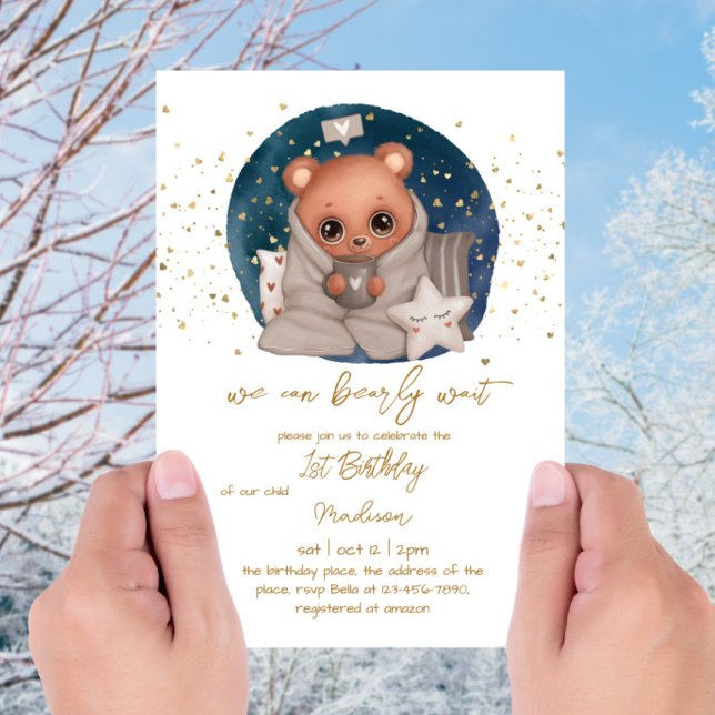 We Can Bearly Wait Baby Boy First Birthday Party Invitation (Creator Uploaded)