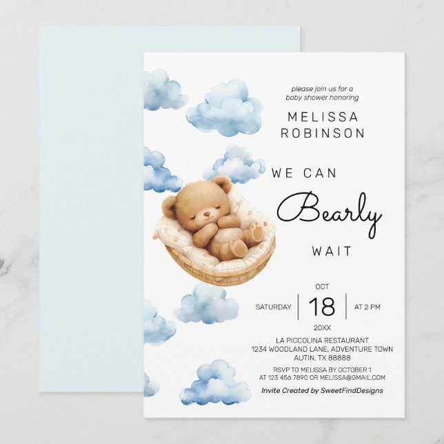 We can bearly wait Baby Boy Shower Invitation (Front/Back)