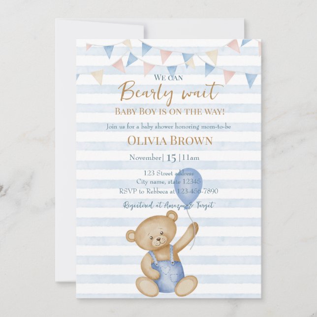 We Can Bearly Wait Baby Boy Shower Invitation (Front)