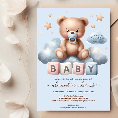 We Can Bearly Wait Baby Boy Shower Invitation