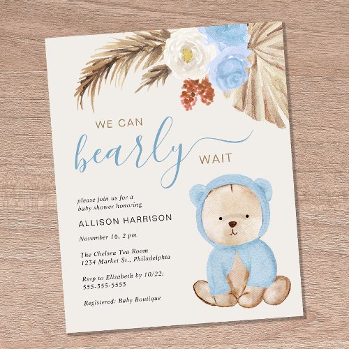 We Can Bearly Wait Baby Boy Shower Invitation