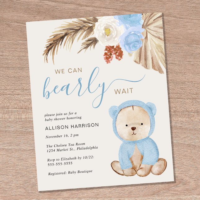 We Can Bearly Wait Baby Boy Shower Invitation (Creator Uploaded)
