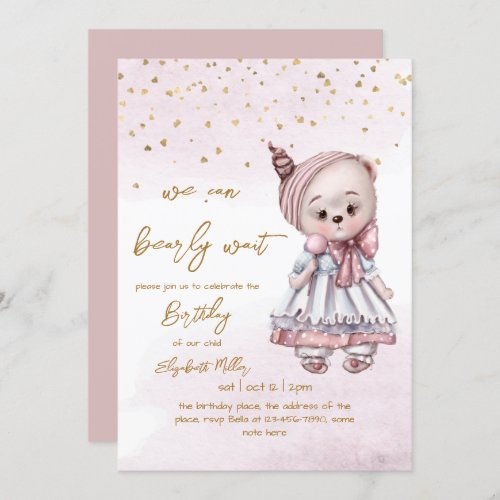 We Can Bearly Wait Baby Girl 1st Birthday  Invitation