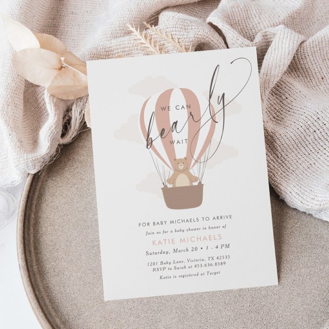 We Can Bearly Wait | Baby Girl Pink Air Balloon Invitation (Creator Uploaded)