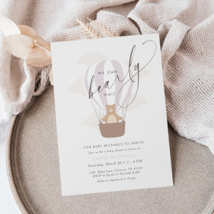 We Can Bearly Wait Baby Girl Purple Air Balloon Invitation