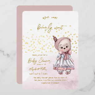 We Can Bearly Wait Baby Girl Shower Foil Invitation