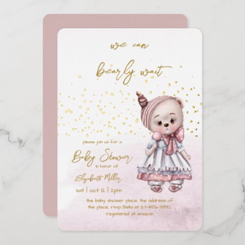We Can Bearly Wait Baby Girl Shower Foil Invitation