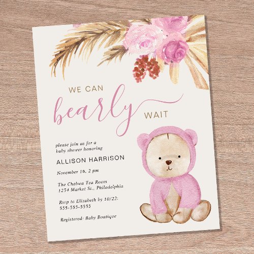We Can Bearly Wait Baby Girl Shower Invitation