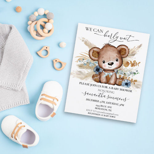 Bearly Wait Baby Shower Invite Template Blue Bear Baby Shower 