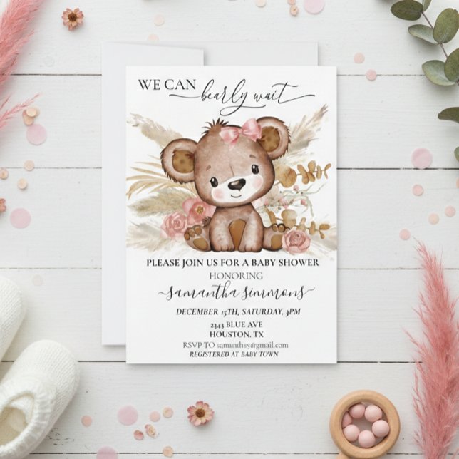 We Can Bearly Wait Baby Shower Bear  Boho PInk Invitation (Creator Uploaded)