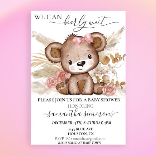 We Can Bearly Wait Baby Shower Bear  Boho PInk Invitation