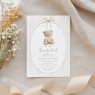 We Can Bearly Wait Baby Shower Boy Beig Stripes Invitation