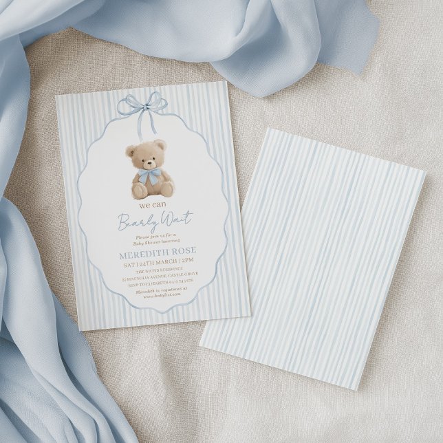 We Can Bearly Wait Baby Shower Boy Blue Stripes Invitation (We Can Bearly Wait! Baby Shower invitation with cute bear and blue stripes)