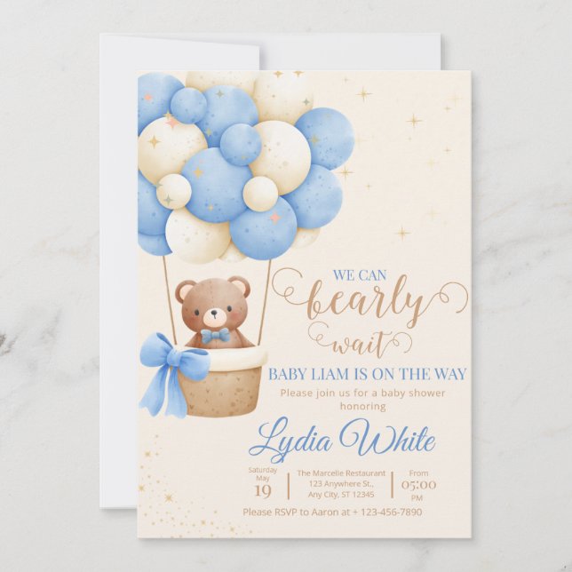 We Can Bearly Wait Baby Shower Boy Teddy Bear Invitation (Front)