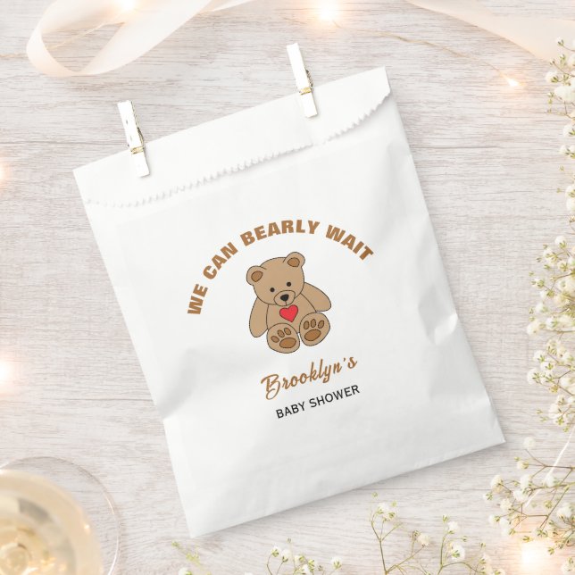 We Can Bearly Wait Baby Shower Brown Teddy Bear Favor Bag (Clipped)
