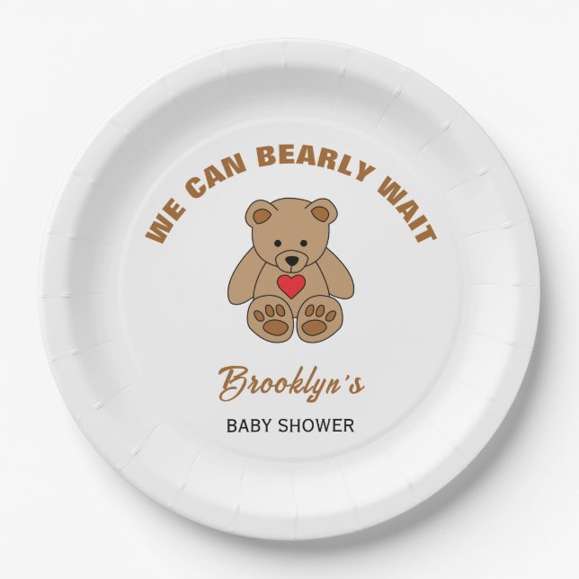 We Can Bearly Wait Baby Shower Brown Teddy Bear Paper Plates (Front)