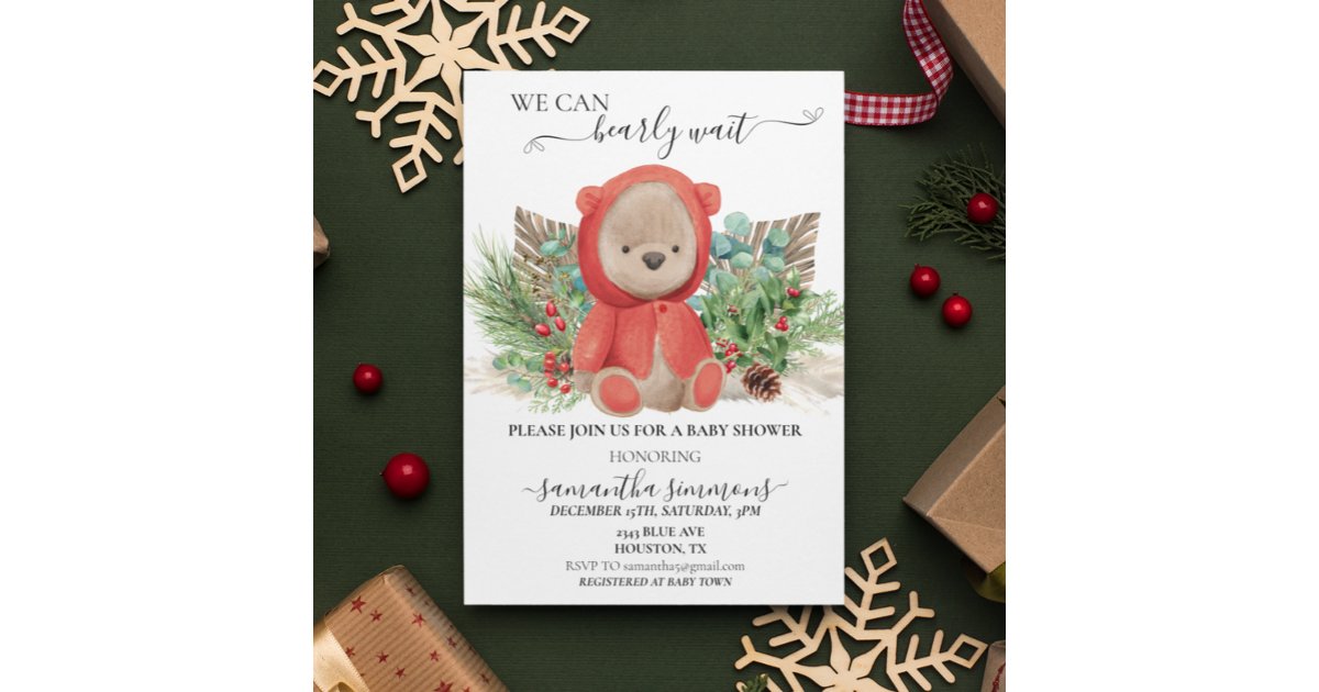 We Can Bearly Wait Baby Shower Christmas Boho Bear Invitation | Zazzle
