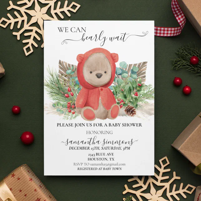 We Can Bearly Wait Baby Shower Christmas Boho Bear Invitation | Zazzle