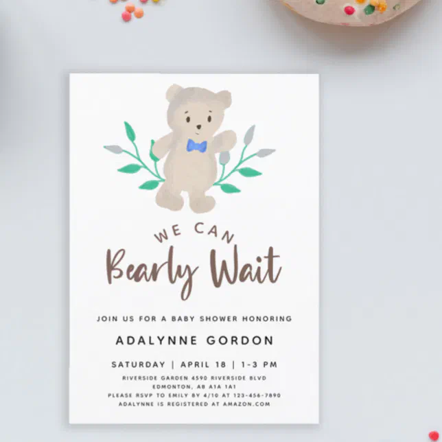 We Can Bearly Wait Baby Shower Cute Bear Invitation | Zazzle