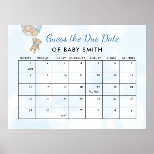 We Can Bearly Wait Baby Shower Due Date Poster