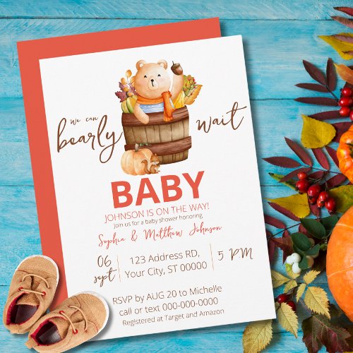 We can Bearly Wait Baby Shower Fall minimalist  Invitation