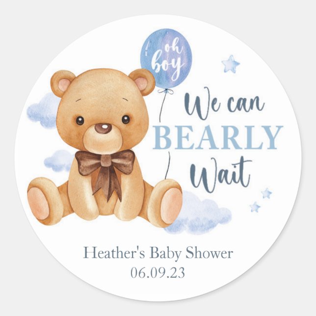 We Can Bearly Wait Baby Shower Favor Stickers Blue (Front)