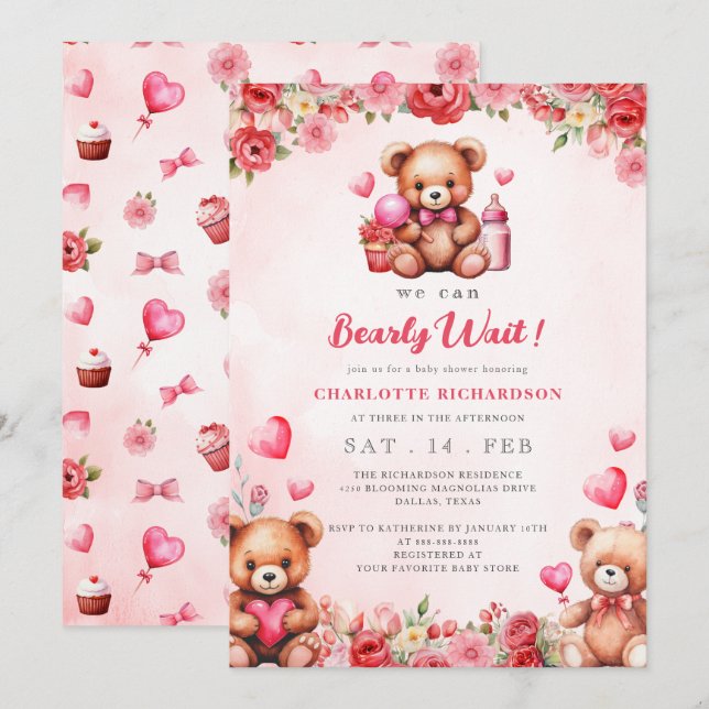 We Can Bearly Wait Baby Shower Floral Teddy Bear  Invitation (Front/Back)