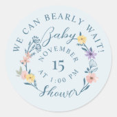 We Can Bearly Wait Baby Shower Floral Wreath Blue Classic Round Sticker (Front)