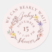 We Can Bearly Wait Baby Shower Floral Wreath Pink Classic Round Sticker (Front)