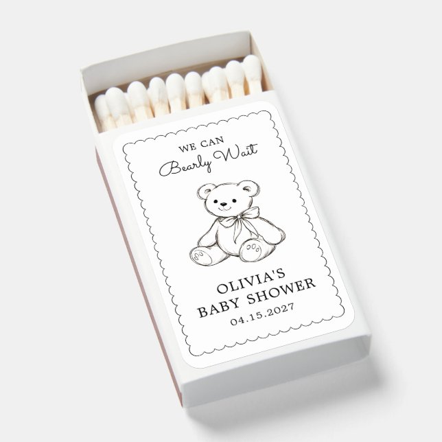 "We Can Bearly Wait" Baby Shower Gender Neutral Matchboxes (Front Open)