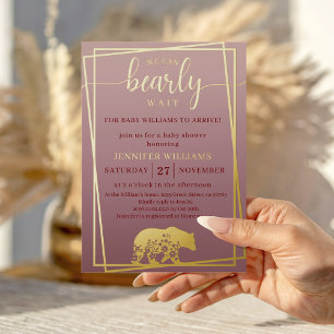 We Can Bearly Wait Baby Shower Gold Frame Foil Invitation