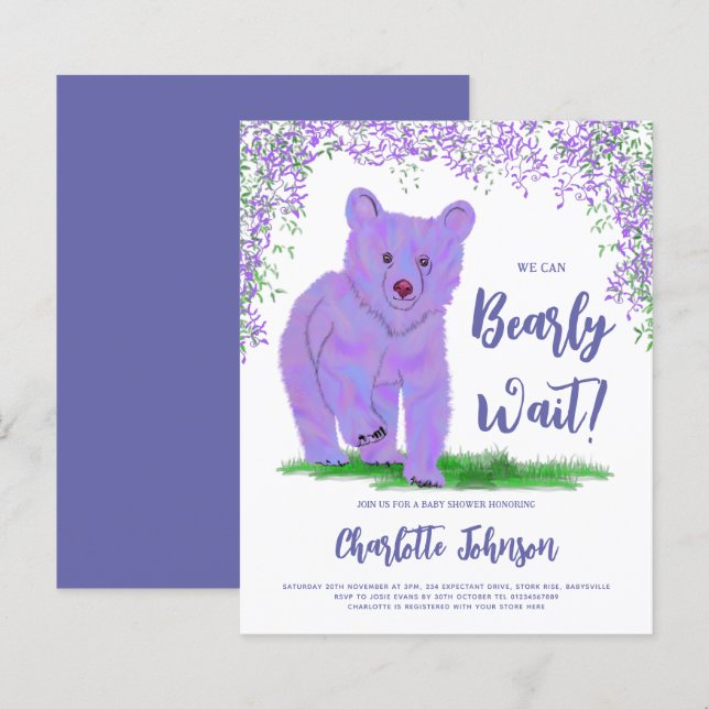 We Can Bearly Wait Baby Shower Purple Bear (Front/Back)
