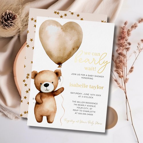 We Can Bearly Wait Baby Shower Real Gold  Foil Invitation
