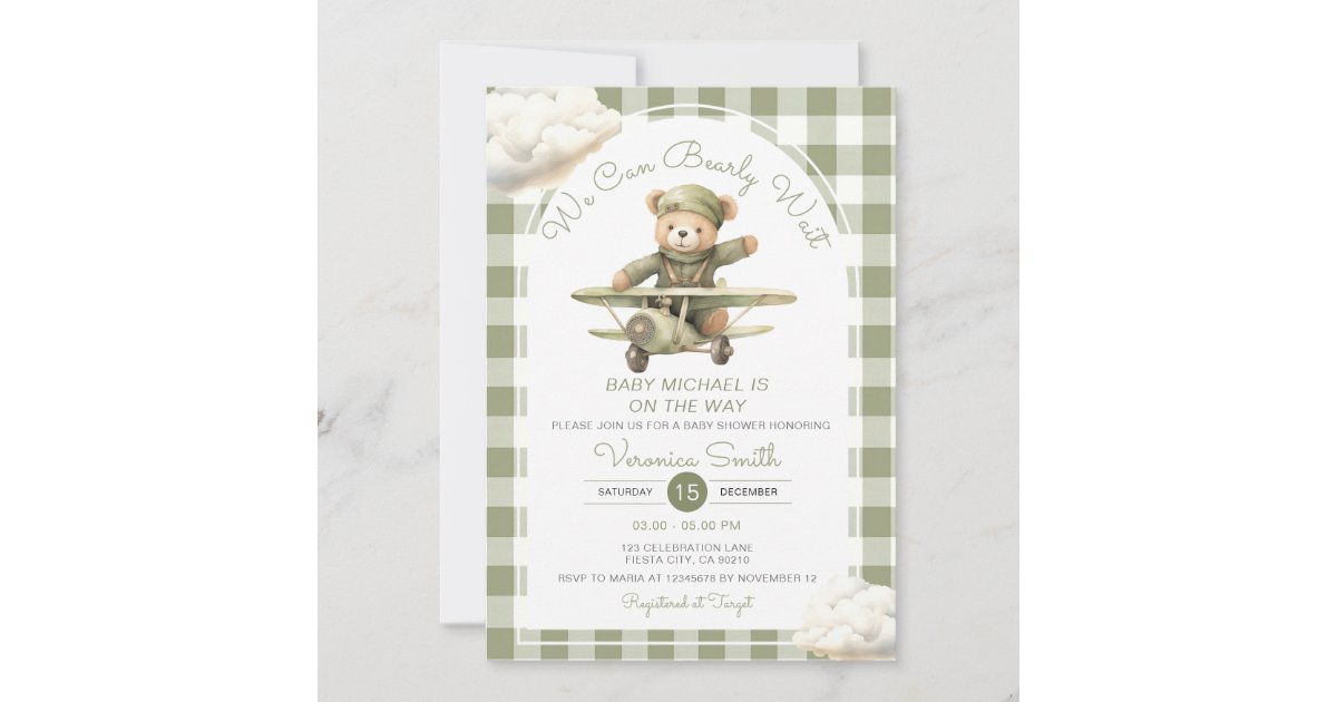 We Can Bearly Wait Baby Shower Sage Green Gingham Invitation | Zazzle