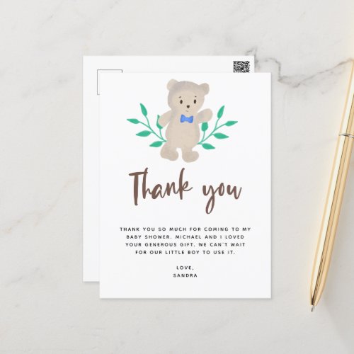 We Can Bearly Wait Baby Shower Thank you Postcard