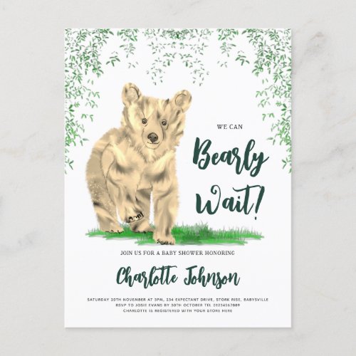 We Can Bearly Wait Baby Shower Woodland Bear Cub Invitation Postcard