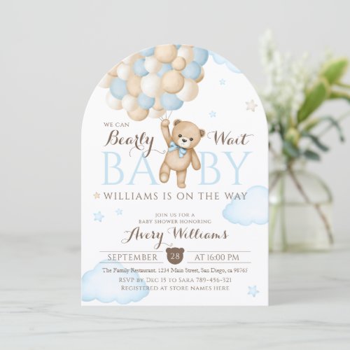 We Can Bearly Wait Balloon Bear Baby Boy Shower Invitation