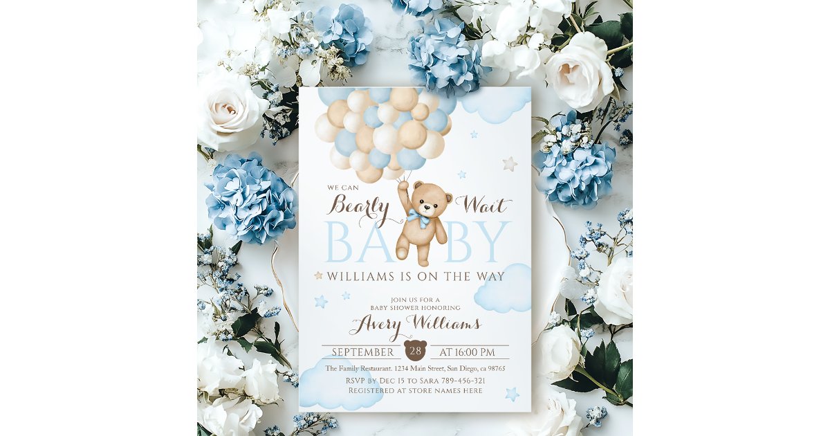 We Can Bearly Wait Balloon Bear Baby Boy Shower Invitation | Zazzle